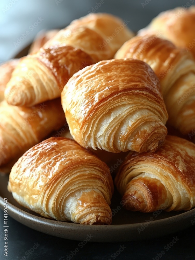 Golden-brown, flaky croissants piled high on a dark plate, showcasing their delicious texture and inviting aroma. Perfect for bakery, food, or breakfast themes. Golden-brown, flaky croissants piled high on a dark plate, showcasing their delicious texture and inviting aroma. Perfect for bakery, food, or breakfast themes.