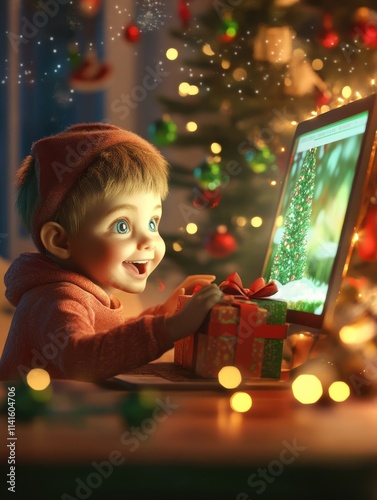 Family video call with kid presenting gift by remote chat laptop computer screen on Merry Christmas table holiday background. Xmas online virtual family party celebration, Happy New Year videocall. photo