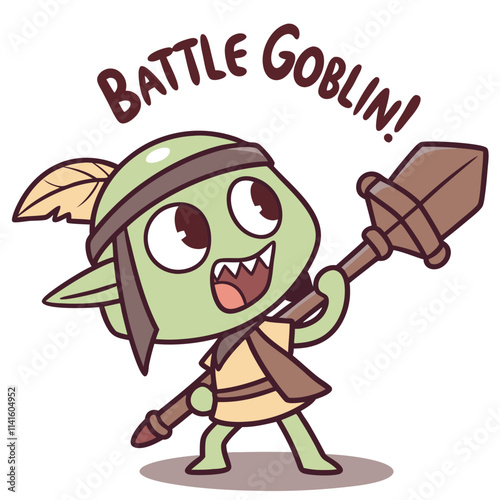 Cute cartoon goblin character holding a weapon in a playful battle pose with cheerful expression