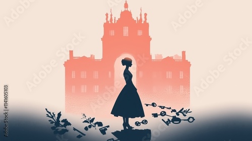 A striking silhouette of a woman in a black dress against a castle backdrop. photo