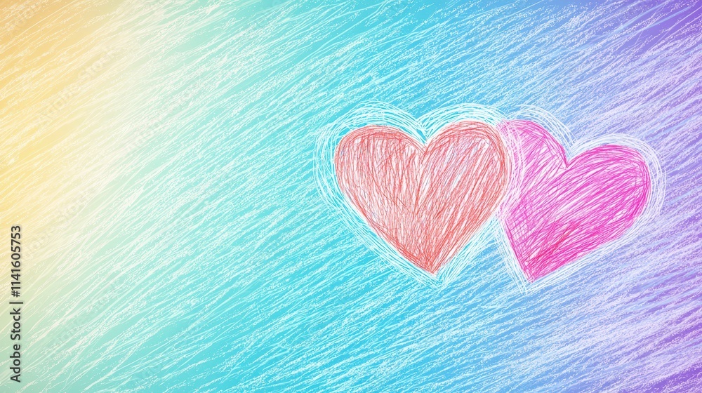 A vibrant sketch of two intertwined hearts in pastel colors on a gradient background. A vibrant sketch of two intertwined hearts in pastel colors on a gradient background.