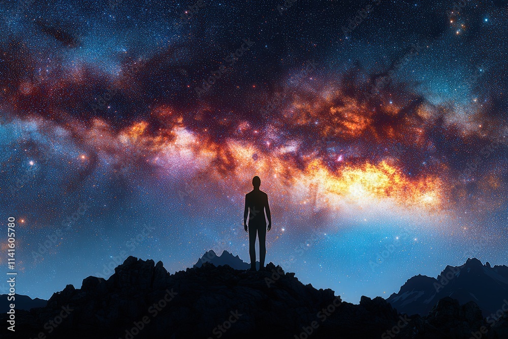 Fototapeta premium A silhouetted figure stands atop a rocky outcrop, gazing at a breathtaking cosmic landscape filled with stars and vibrant colors.