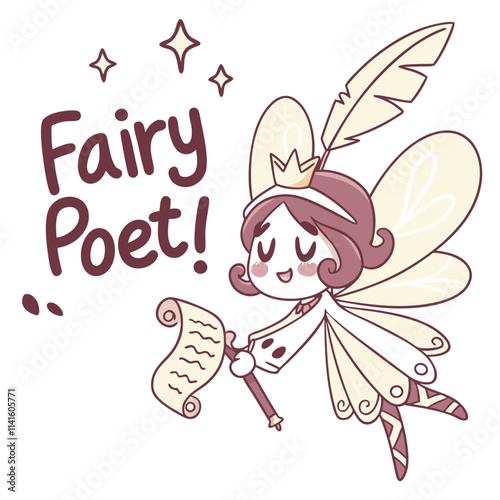 Whimsical Fairy Poet with Quill and Scroll in Dreamy Pastel Color Palette and Playful Design