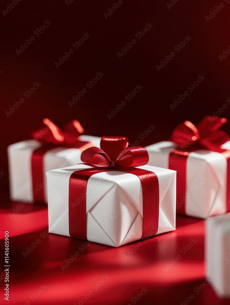 Obraz premium Group of small gifts wrapped with red ribbon on white table with copy space. Five little presents for christmas or birthday party. Set of gift boxes over a red shiny background.