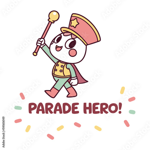 Colorful Cartoon Character Marching in Parade with Baton and Capes for Festive Celebration