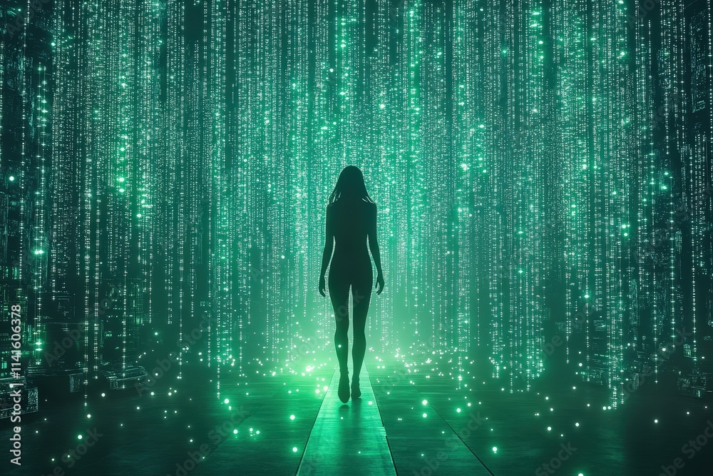 A silhouette of a young woman walking through a digital green matrix, creating a futuristic and mysterious atmosphere. A silhouette of a young woman walking through a digital green matrix, creating a futuristic and mysterious atmosphere.