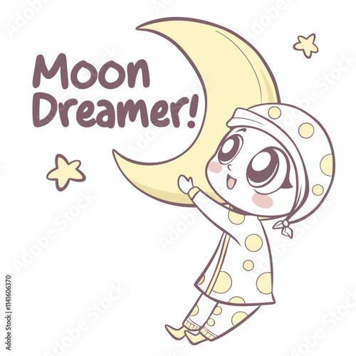 Cute Moon Dreamer Character with Stars and Crescent Moon in Playful, Whimsical Style