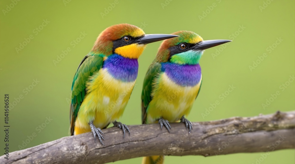 Obraz premium Two vibrant birds with colorful plumage are perched on a branch against a soft green background