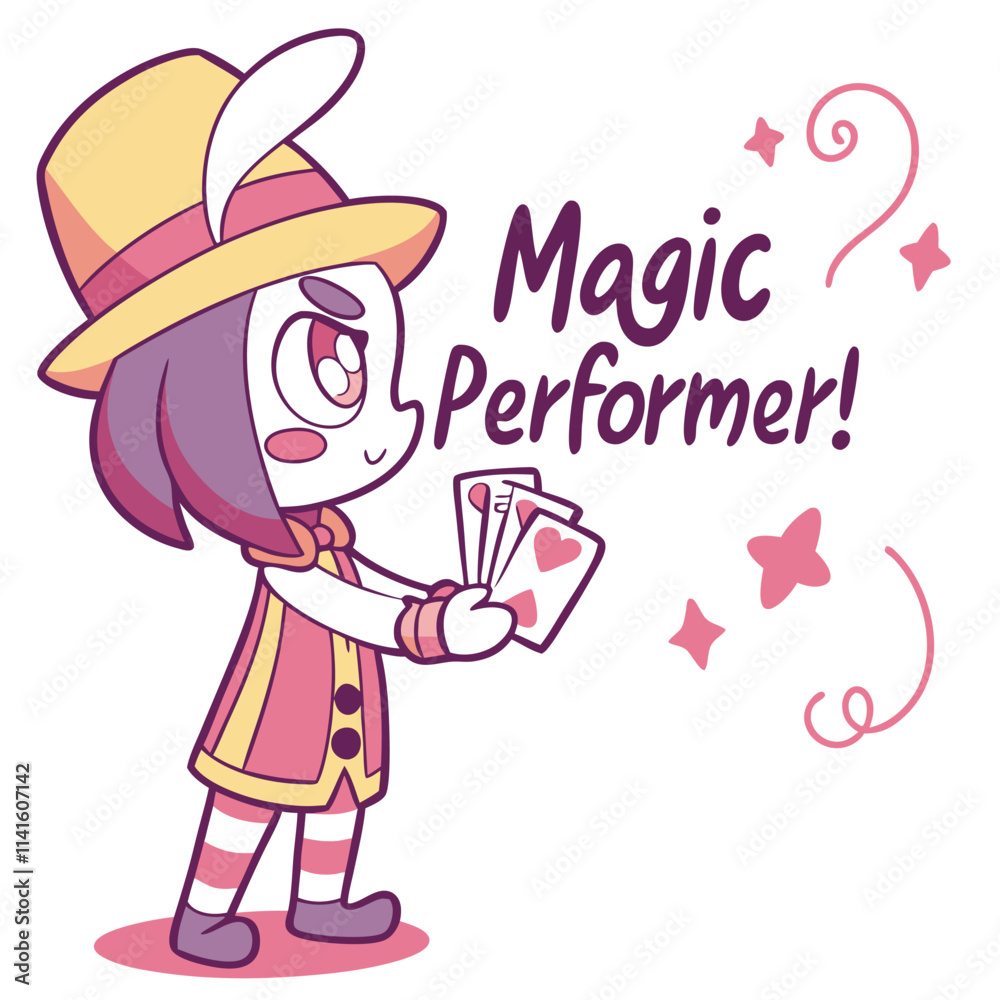 Cute Cartoon Character as Magic Performer with Cards and Hat in Playful Style Cute Cartoon Character as Magic Performer with Cards and Hat in Playful Style