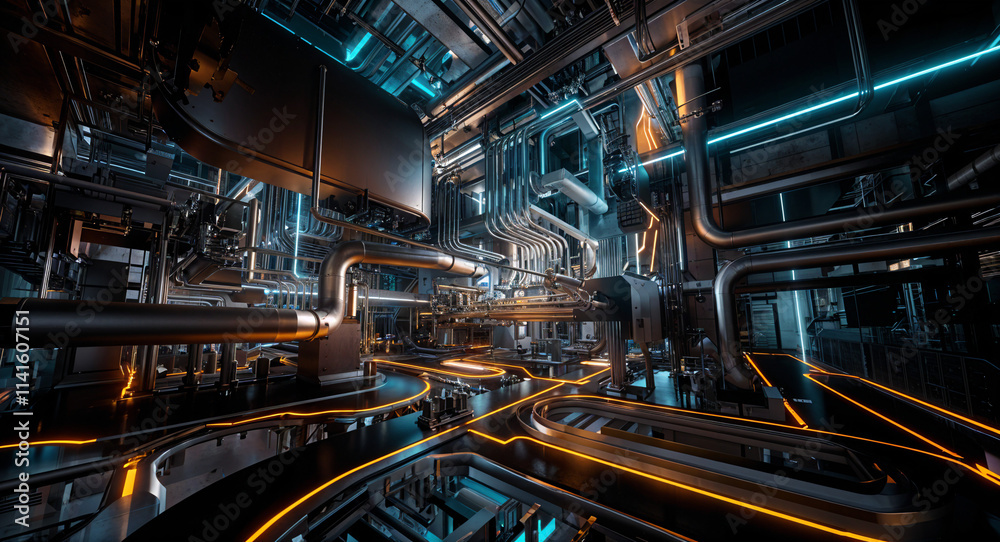 abstract technological background with pipes in production . Generative AI abstract technological background with pipes in production . Generative AI