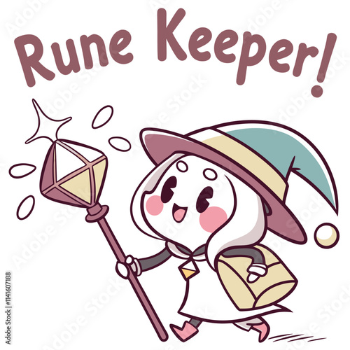 Cute Cartoon Character of a Rune Keeper with Magical Staff and Cheerful Expression