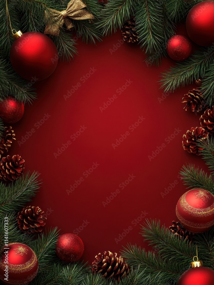 Merry Christmas and a Happy New Year, red square postcard with Christmas tree branches, garlands and air balloons around Merry Christmas and a Happy New Year, red square postcard with Christmas tree branches, garlands and air balloons around