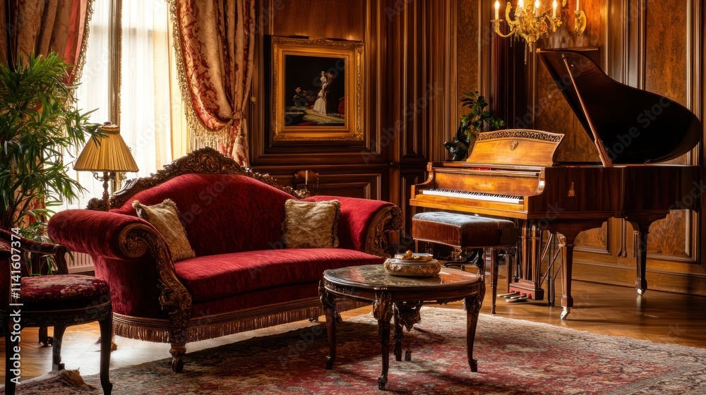 Fototapeta premium Luxurious antique living room with red velvet sofa, grand piano, and ornate details.