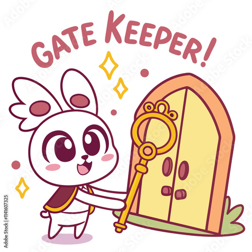Cute cartoon bunny character with a key standing by a whimsical gate in a playful design