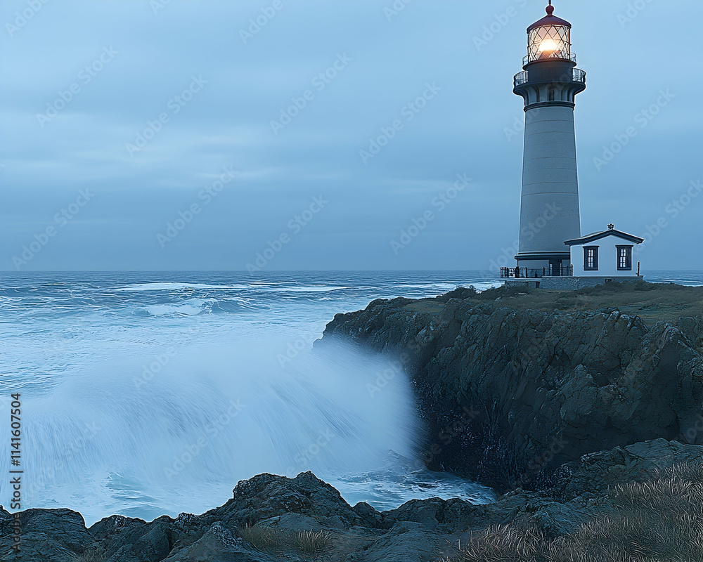 Coastal Lighthouse Shining, Dramatic Waves Crashing, Night Scene, Navigation Safety. Coastal Lighthouse Shining, Dramatic Waves Crashing, Night Scene, Navigation Safety.