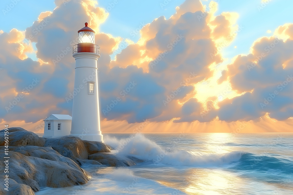 Coastal Lighthouse Sunrise, Dramatic Waves, Guiding Light, Hope Concept.
