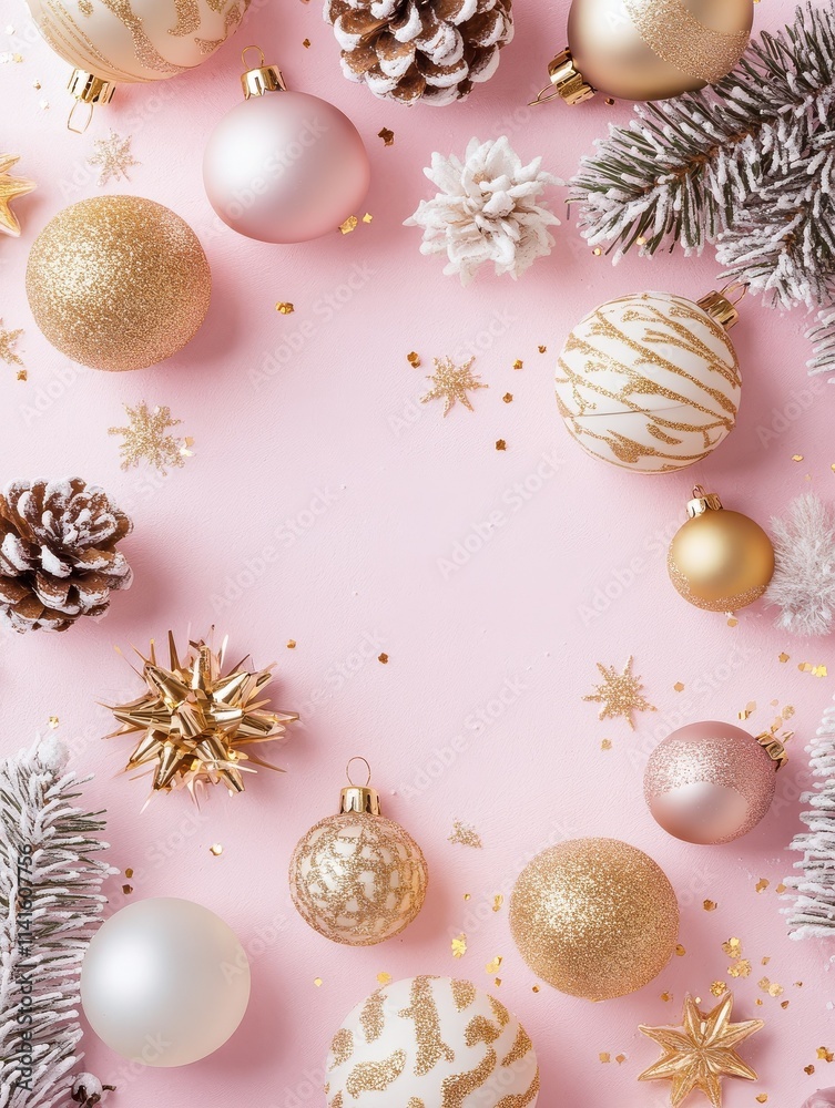 Fototapeta premium Merry Christmas background concept, winter holidays and happy new year card white gold wooden decorations frame border on pink pastel powdery table, flat lay, copy space, top close up view above