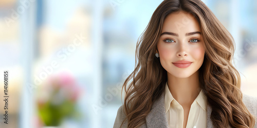 Free Download A confident young woman smiles warmly, showcasing a stylish professional look in a modern office environment. - GFXLoad