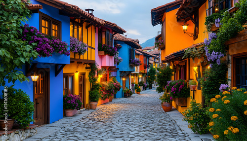 Colorful Bulgarian Street Twilight Cobblestone Houses Travel Tourism.