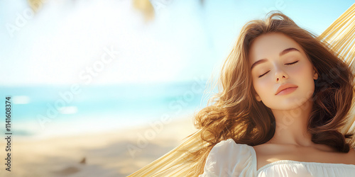 A serene young woman relaxing in a hammock by the beach, enjoying a peaceful moment under the sun with gentle waves in the background. photo