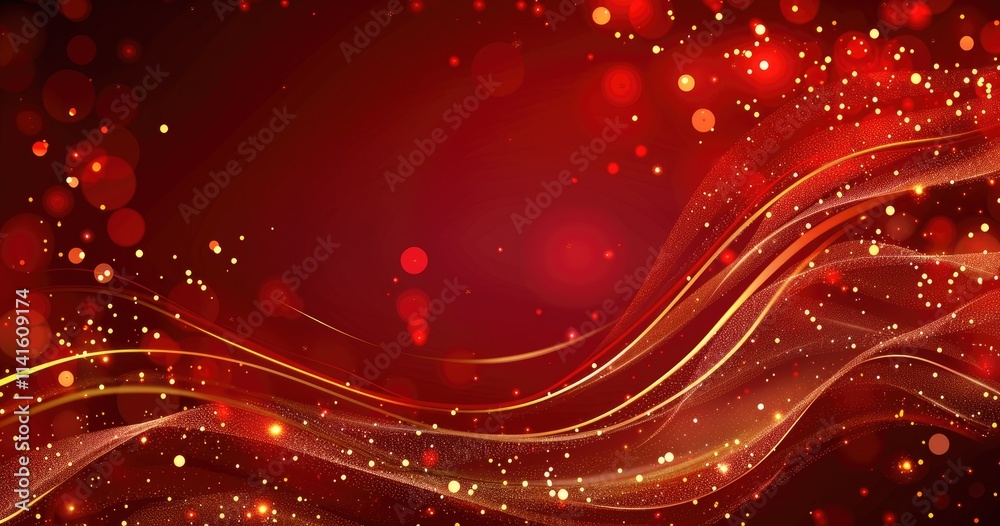 Obraz premium Abstract red background with flowing lines and glowing orbs, perfect for festive designs.