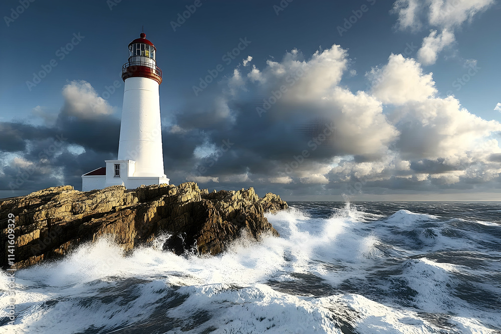 Dramatic Coastal Lighthouse, Ocean Waves Crashing, Cloudy Sky, Navigation, Travel Poster. Dramatic Coastal Lighthouse, Ocean Waves Crashing, Cloudy Sky, Navigation, Travel Poster.