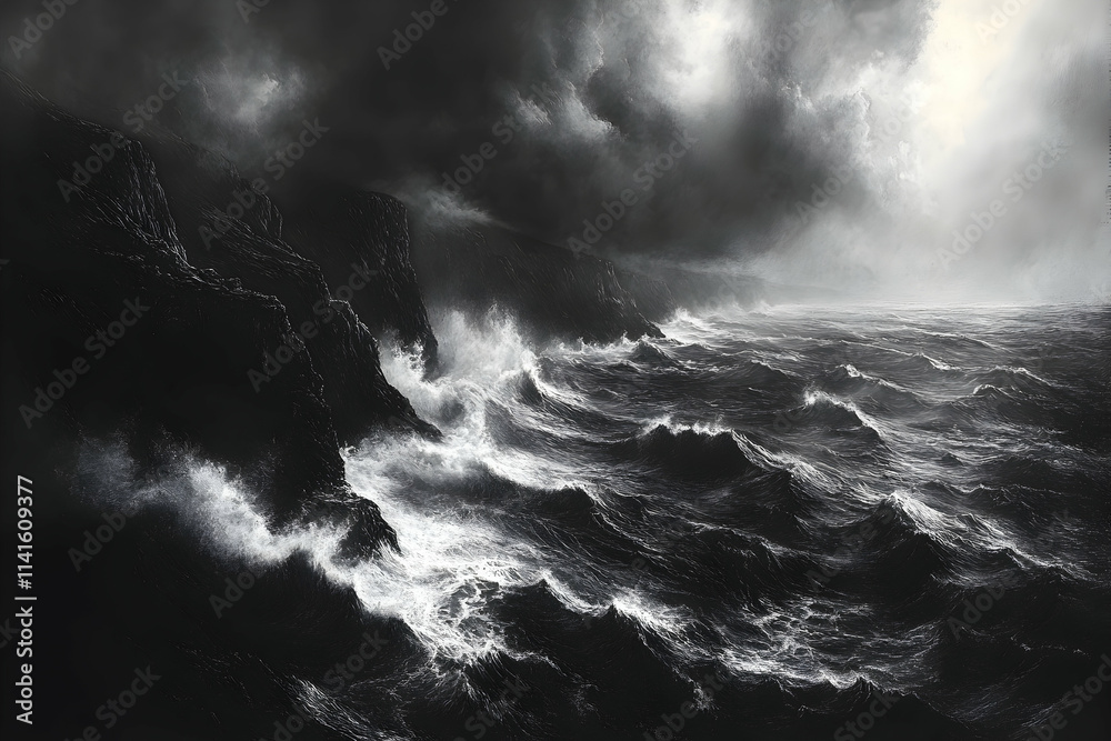 Fototapeta premium Dramatic Coastal Storm, Ocean Waves Crashing Against Rocky Cliffs, Dramatic Sky, Nature Photography, Art Print.