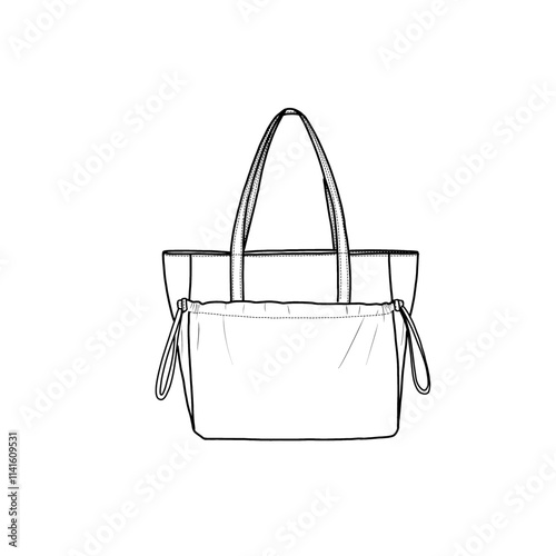 Puffer tote bag for women with zipper, work bag quilted travel puffy bag, shoulder handbag with front pocket and drawstring line art. Vector illustration of top handle bag icon line isolated on a whit