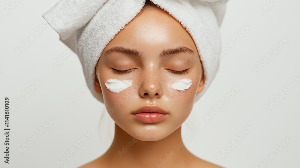 A clean, minimalist shot of a young woman with a towel wrapped around her head, eyes closed A clean, minimalist shot of a young woman with a towel wrapped around her head, eyes closed