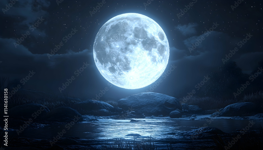Full Moon Night Sky Landscape, Serenity, Rocks, Water Reflection, Background Stars, Nature Wallpaper. Full Moon Night Sky Landscape, Serenity, Rocks, Water Reflection, Background Stars, Nature Wallpaper.