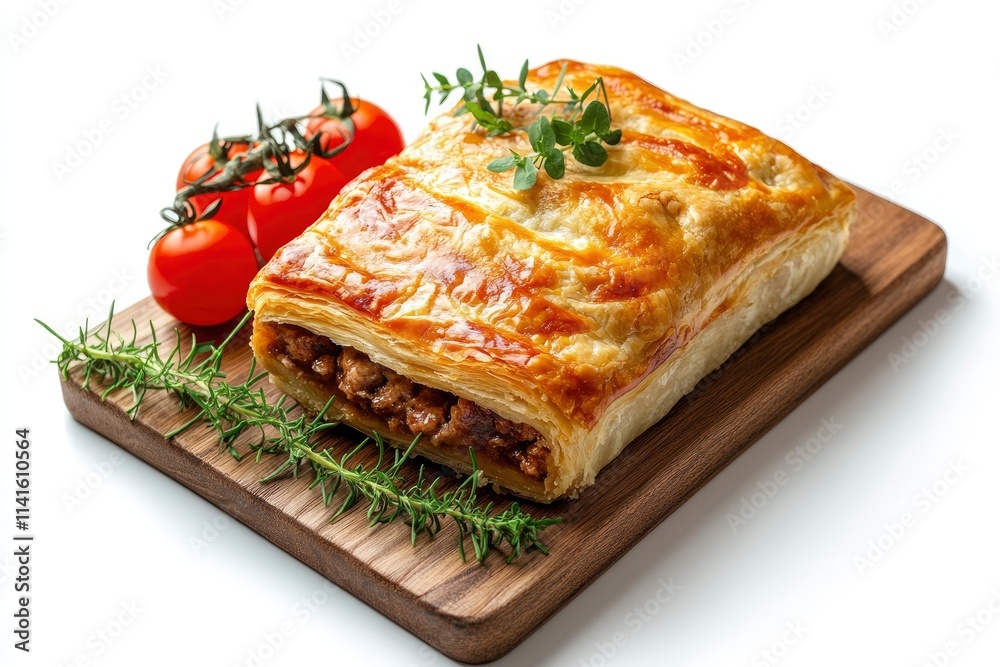 Board with delicious meat pie isolated on white background Board with delicious meat pie isolated on white background