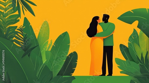 A vibrant illustration of a couple surrounded by lush greenery and a bright yellow backdrop. photo