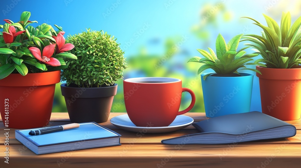Serene garden balcony with coffee mug and notebook in a sunny morning Serene garden balcony with coffee mug and notebook in a sunny morning