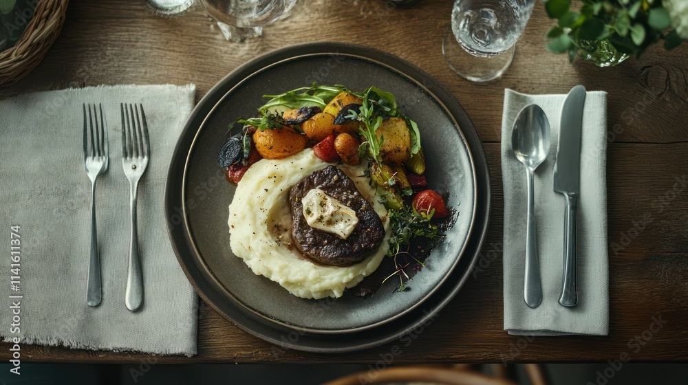 Dinner plate with steak, mash, vegetables. Dinner plate with steak, mash, vegetables.