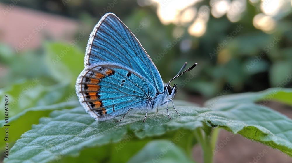 Fototapeta premium Azure butterfly on leaf, blurred background.