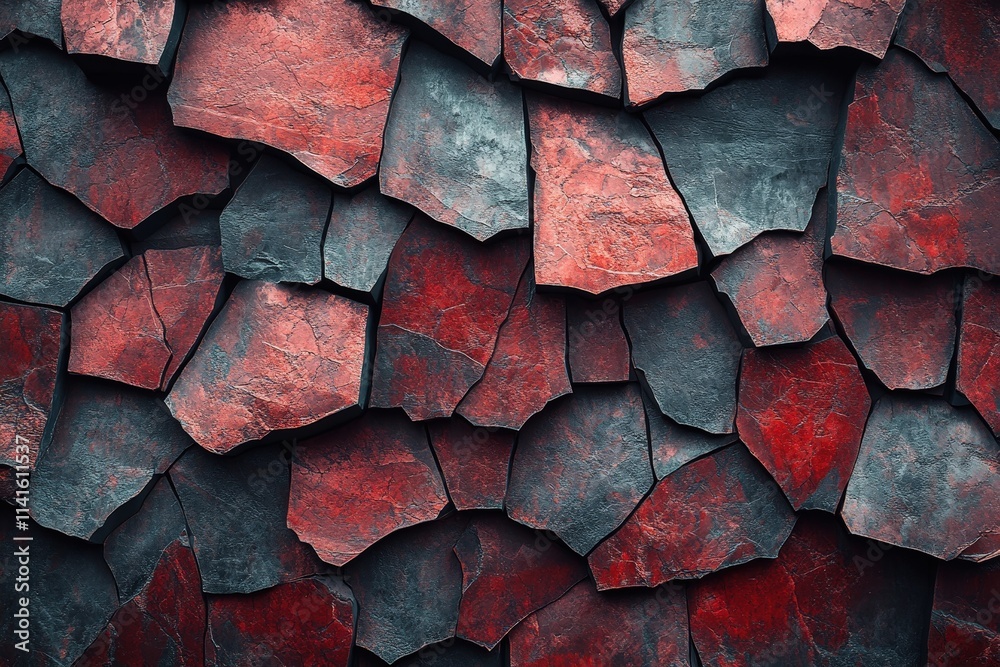 A striking abstract texture of cracked red and black stones, creating a dramatic and bold visual effect. A striking abstract texture of cracked red and black stones, creating a dramatic and bold visual effect.