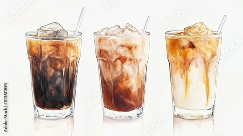 Watercolor of ice coffee in glass,americano coffee,iced cold brew coffee in plastic takeout cup,Ice latte,Drink element,menu Hot and cold coffee beverage,promotion, marketing, banner.