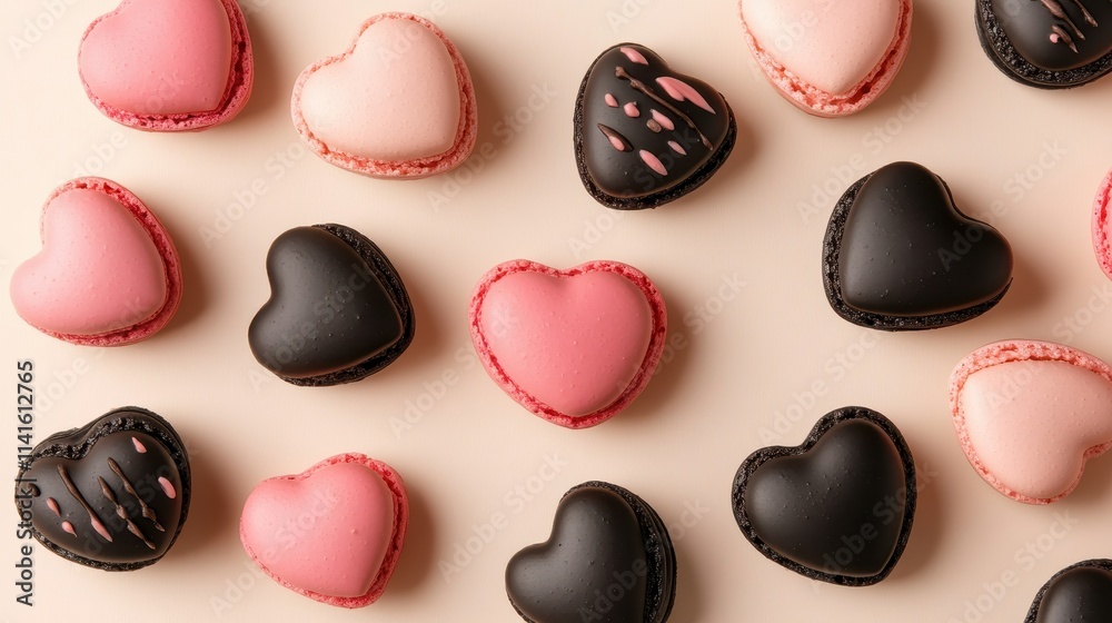 Pink and black Heart macarons isolated on a white background,Love romantic,Happy Valentines Day,Macaroons cake creative layout,Sweet collection and design element, Flat lay.