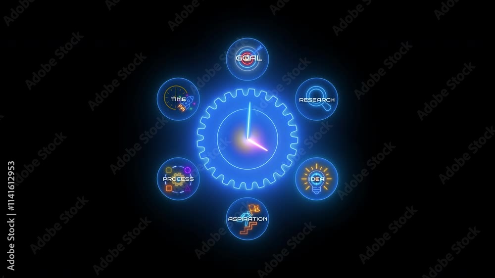 Business process and workflow with icons of research, idea, aspiration, process, time and goal. Business and technology concept. Neon line of arranging processing management on transparent background. Business process and workflow with icons of research, idea, aspiration, process, time and goal. Business and technology concept. Neon line of arranging processing management on transparent background.