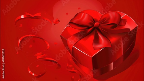 A red big gift box with ribbon in shape of heart on red background