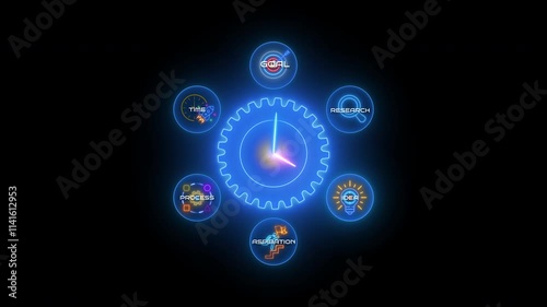 Wallpaper Mural Business process and workflow with icons of research, idea, aspiration, process, time and goal. Business and technology concept. Neon line of arranging processing management on transparent background. Torontodigital.ca