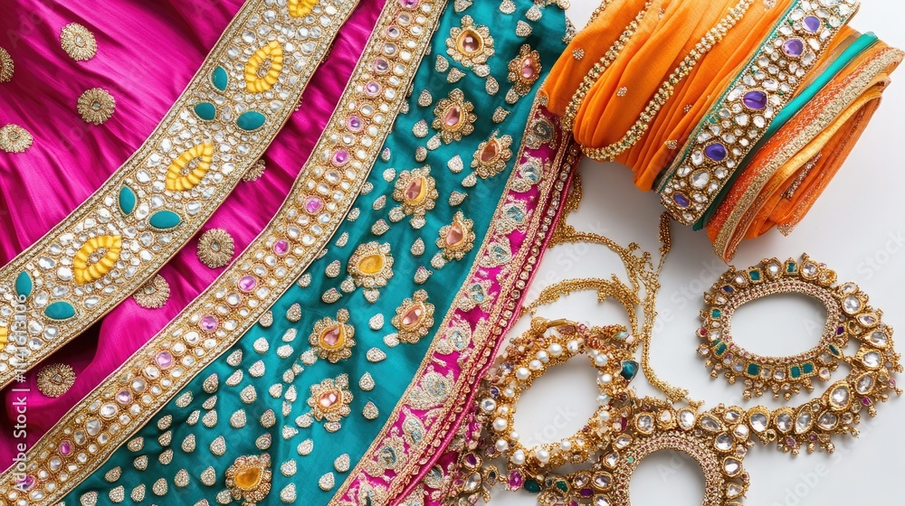 Fototapeta premium Traditional Indian bridal dress in vibrant hues, arranged alongside jewelry and matching accessories on a clean background.