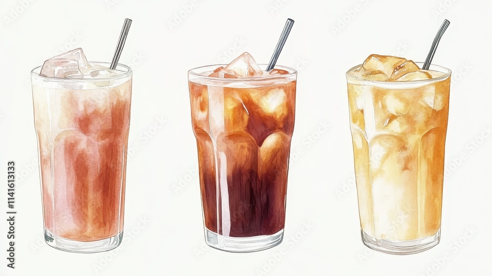Watercolor of ice coffee in glass,americano coffee,iced cold brew coffee in plastic takeout cup,Ice latte,Drink element,menu Hot and cold coffee beverage,promotion, marketing, banner. Watercolor of ice coffee in glass,americano coffee,iced cold brew coffee in plastic takeout cup,Ice latte,Drink element,menu Hot and cold coffee beverage,promotion, marketing, banner.