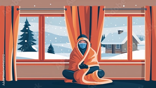 Person sitting in warm house wrapped in blanket, showing insulated windows and thick curtains, cozy atmosphere