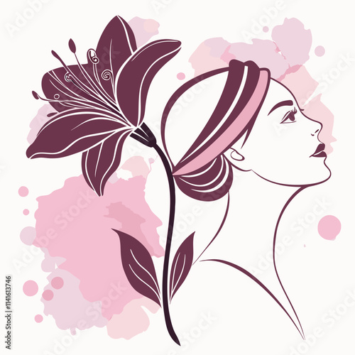 Watercolor Pink Flower Woman's Day Girl Face Silhouette - Elegant Feminine Art Design