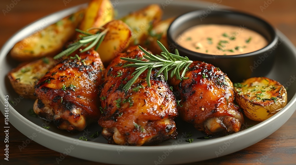 A delicious plate featuring grilled chicken thighs with roasted potatoes and a creamy dipping sauce, garnished with fresh herbs. A delicious plate featuring grilled chicken thighs with roasted potatoes and a creamy dipping sauce, garnished with fresh herbs.