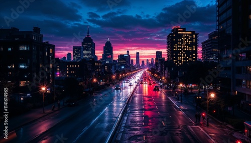 Beautiful Cityscape at Dusk With Vibrant Skyline and Illuminated Road Background