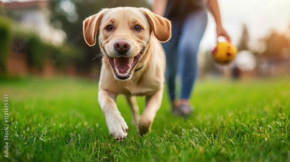 Happy Labrador Retriever Running on Green Grass with Owner in the Background at Sunset, Enjoying a Fun and Playful Afternoon Outdoors Together Happy Labrador Retriever Running on Green Grass with Owner in the Background at Sunset, Enjoying a Fun and Playful Afternoon Outdoors Together