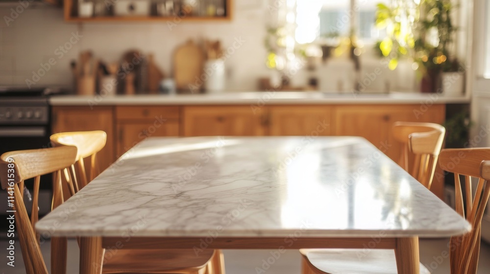 Fototapeta premium Modern Kitchen with Marble Table and Wooden Chairs