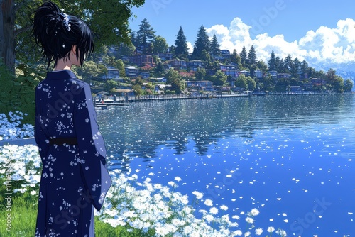 A female character in traditional attire gazes at a serene lakeside view, surrounded by blooming flowers and vibrant landscapes under a clear blue sky.